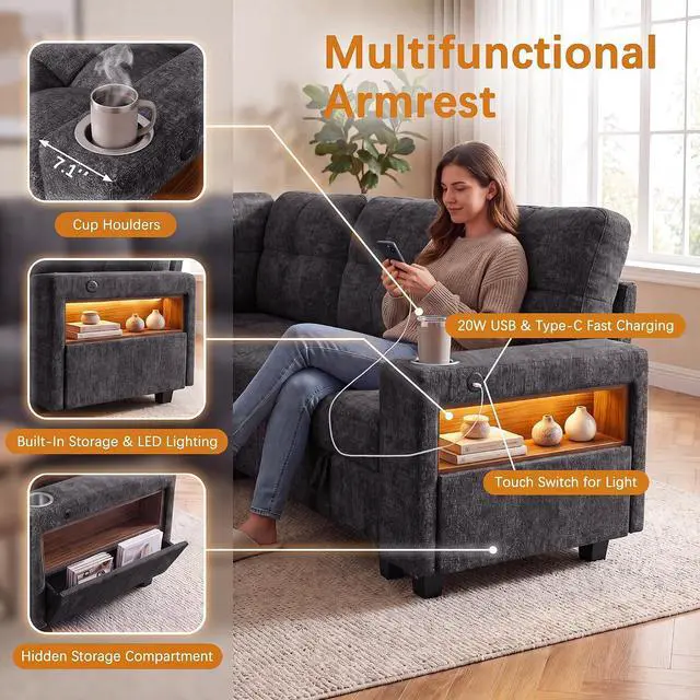 Alt view image 4 of 7 - 108" Modular Sectional Sofa with Pull Out Bed, Sectional Couch | Multiple Storage, USB & Type-C Charging, LED Lighting, 2 Cup Holder, L/U Shaped, Chenille, for Living Room, Apartment, Grey