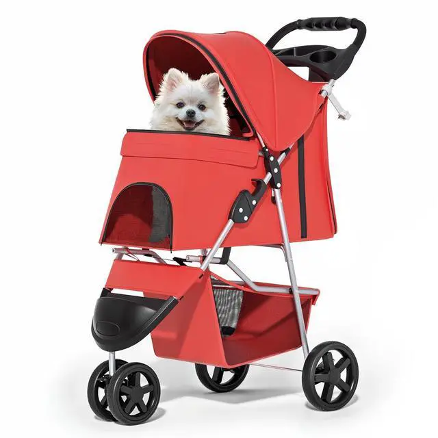 Main image of 3 Wheels Pet Stroller, Foldable Puppy Cage Jogger Stroller with Weather Cover for All-Season, Storage Basket and Cup Holder, Breathable and Visible Mesh for Small/Medium Pets, Red