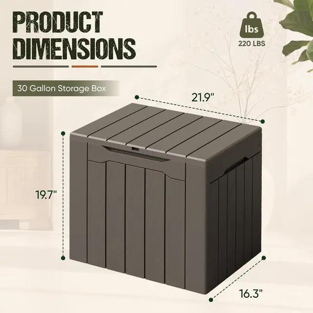 Alt view image 6 of 7 - Deck Box 30 Gallon, Waterproof Resin Small Storage Box with Lid, Outdoor Patio Furniture Cushion Garden Tool Organizer, Lockable Package Delivery Box for Porch Balcony (Deep Brown)