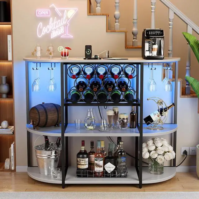 Main image of Wine Bar Cabinet with LED Lights and Power Outlets, Freestanding Coffee Liquor Bar Cabinet with Glass Holder, Wine Rack Table for Home Kitchen Dining Room (White)