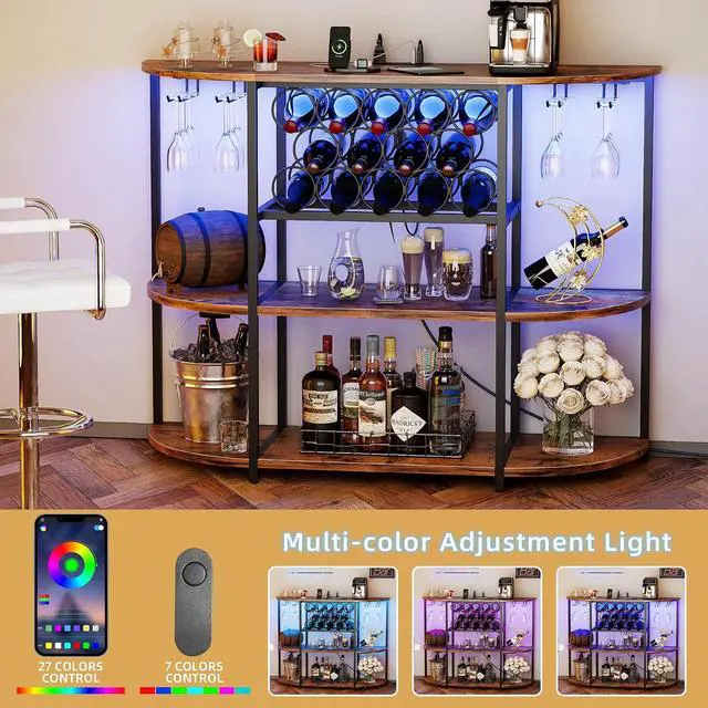 Alt view image 4 of 7 - Wine Bar Cabinet with LED Lights and Power Outlets, Freestanding Liquor Bar Cabinet Table with Glass Holder Wine Rack Table Mini Bar for Home Kitchen Dining Room
