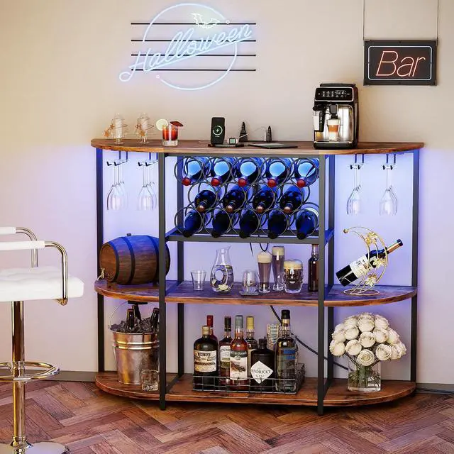 Alt view image 7 of 7 - Wine Bar Cabinet with LED Lights and Power Outlets, Freestanding Liquor Bar Cabinet Table with Glass Holder Wine Rack Table Mini Bar for Home Kitchen Dining Room