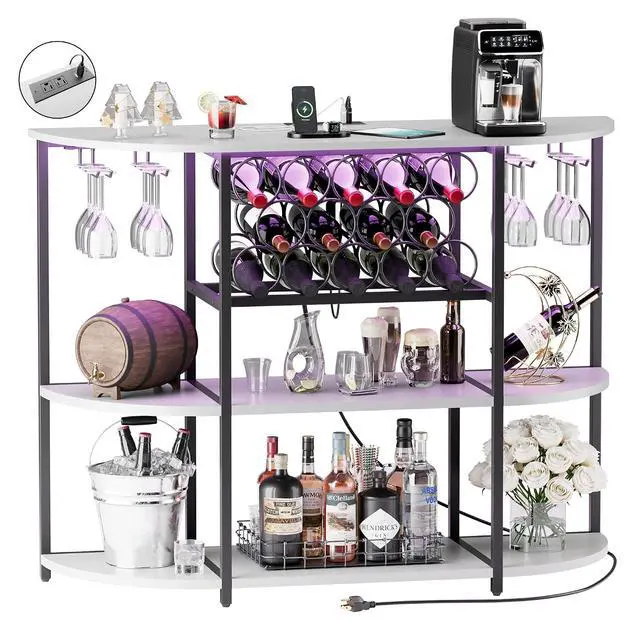 Alt view image 3 of 7 - Wine Bar Cabinet with LED Lights and Power Outlets, Freestanding Coffee Liquor Bar Cabinet with Glass Holder, Wine Rack Table for Home Kitchen Dining Room (White)