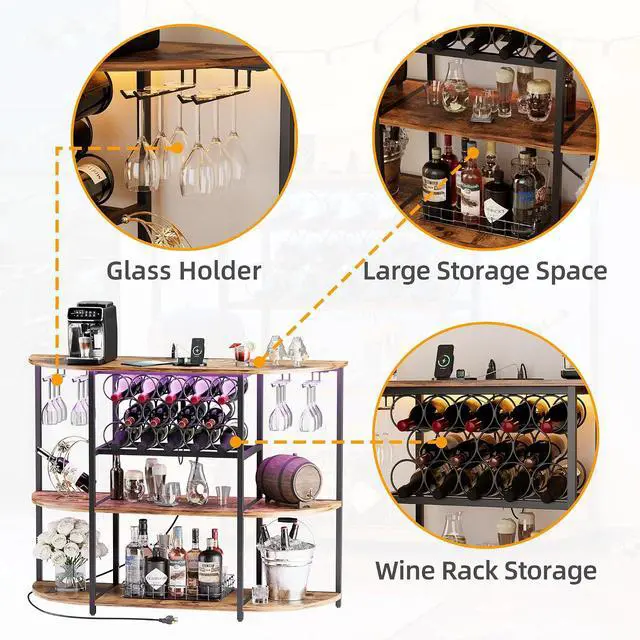 Alt view image 5 of 7 - Wine Bar Cabinet with LED Lights and Power Outlets, Freestanding Liquor Bar Cabinet Table with Glass Holder Wine Rack Table Mini Bar for Home Kitchen Dining Room