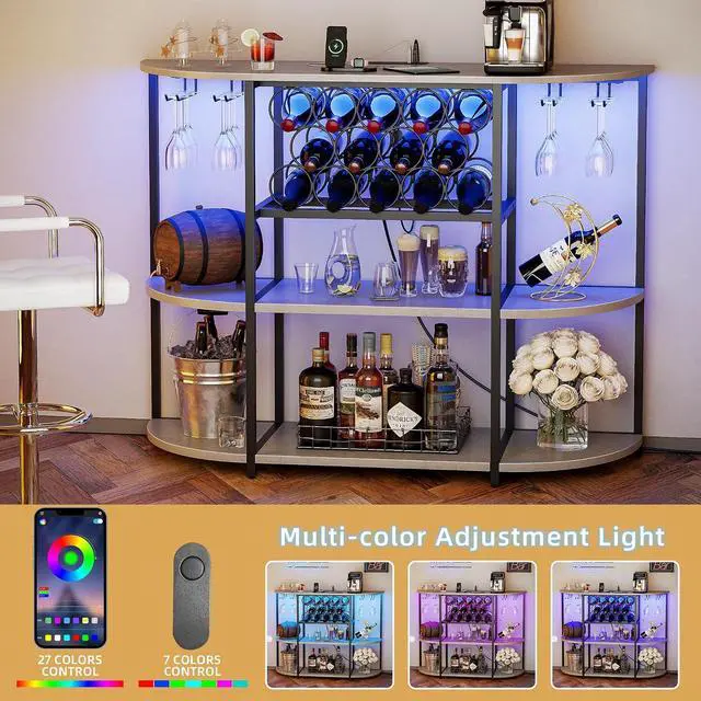 Alt view image 4 of 7 - Wine Bar Cabinet with LED Lights and Power Outlets, Freestanding Coffee Liquor Bar Cabinet with Glass Holder, Wine Rack Table for Home Kitchen Dining Room (White)