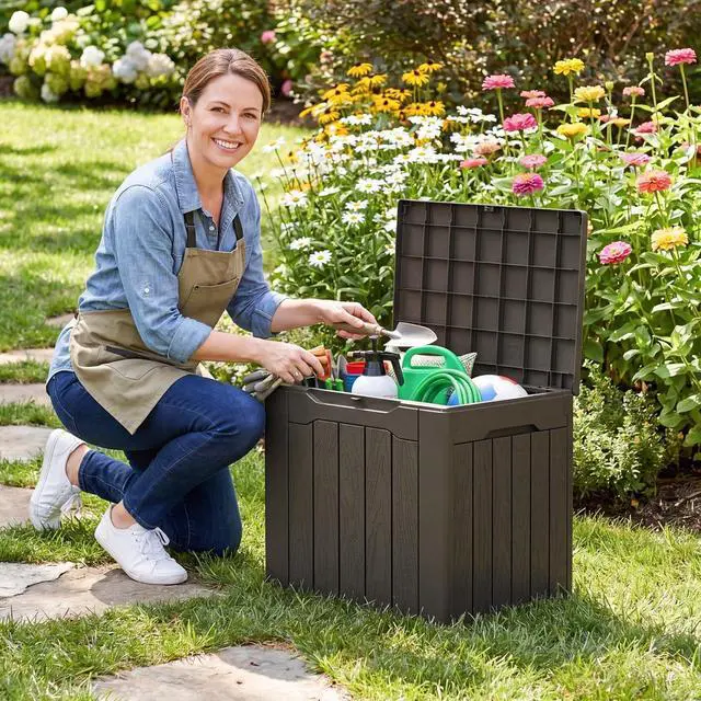 Alt view image 7 of 7 - Deck Box 30 Gallon, Waterproof Resin Small Storage Box with Lid, Outdoor Patio Furniture Cushion Garden Tool Organizer, Lockable Package Delivery Box for Porch Balcony (Deep Brown)