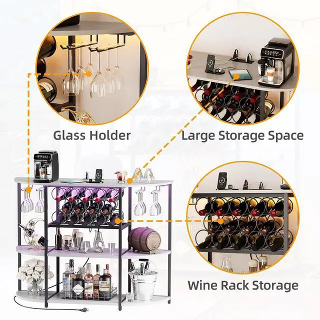 Alt view image 5 of 7 - Wine Bar Cabinet with LED Lights and Power Outlets, Freestanding Coffee Liquor Bar Cabinet with Glass Holder, Wine Rack Table for Home Kitchen Dining Room (White)