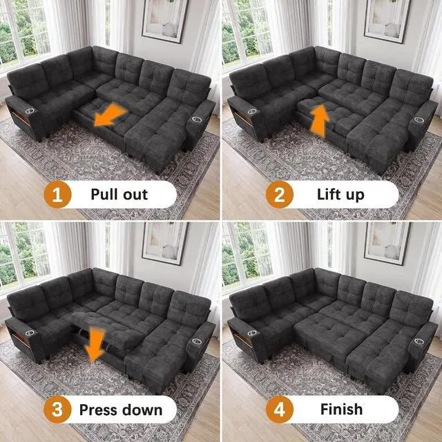 Alt view image 7 of 7 - 108" Modular Sectional Sofa with Pull Out Bed, Sectional Couch | Multiple Storage, USB & Type-C Charging, LED Lighting, 2 Cup Holder, L/U Shaped, Chenille, for Living Room, Apartment, Grey