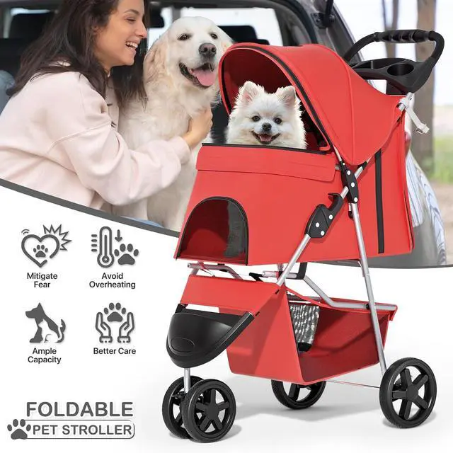 Alt view image 2 of 7 - 3 Wheels Pet Stroller, Foldable Puppy Cage Jogger Stroller with Weather Cover for All-Season, Storage Basket and Cup Holder, Breathable and Visible Mesh for Small/Medium Pets, Red