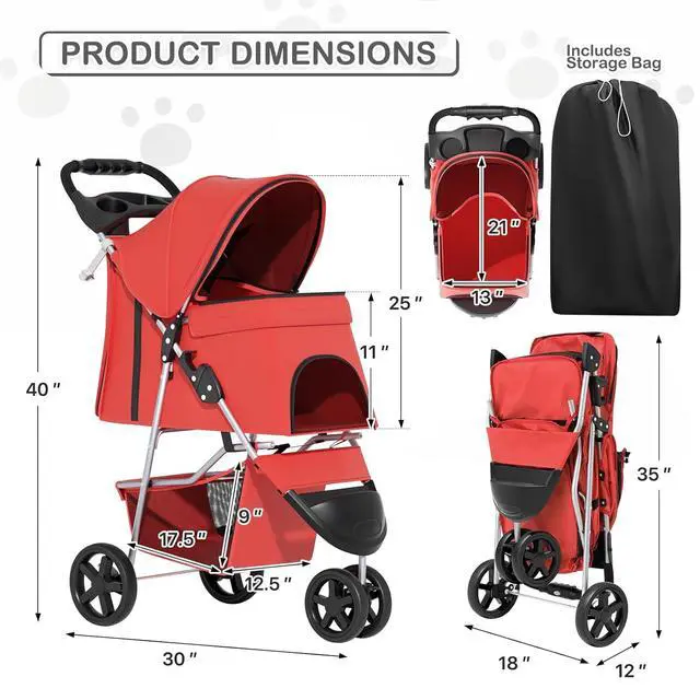 Alt view image 3 of 7 - 3 Wheels Pet Stroller, Foldable Puppy Cage Jogger Stroller with Weather Cover for All-Season, Storage Basket and Cup Holder, Breathable and Visible Mesh for Small/Medium Pets, Red