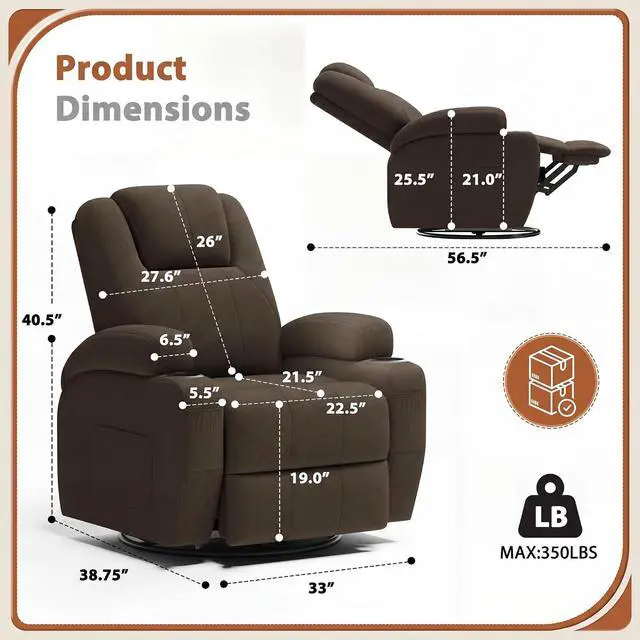 Alt view image 2 of 7 - Swivel Rocker Recliner Chair with Vibration Massage, 360° Swivel Recliner Chairs for Adults Ergonomic Lounge Chair with Cup Holders Lazy Boy Recliner Single Sofa Seat (Fabric, Brown)