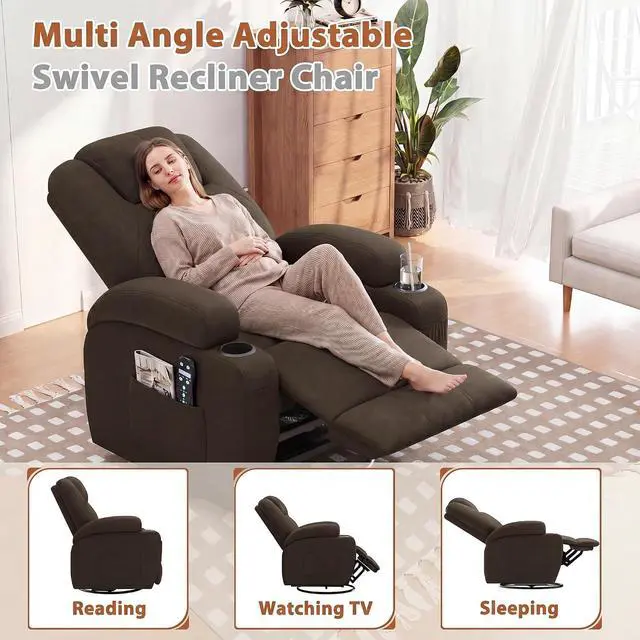 Alt view image 3 of 7 - Swivel Rocker Recliner Chair with Vibration Massage, 360° Swivel Recliner Chairs for Adults Ergonomic Lounge Chair with Cup Holders Lazy Boy Recliner Single Sofa Seat (Fabric, Brown)
