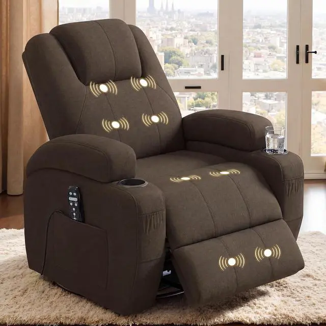 Main image of Swivel Rocker Recliner Chair with Vibration Massage, 360° Swivel Recliner Chairs for Adults Ergonomic Lounge Chair with Cup Holders Lazy Boy Recliner Single Sofa Seat (Fabric, Brown)
