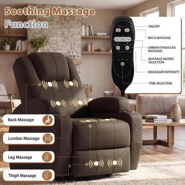 Alt view image 4 of 7 - Swivel Rocker Recliner Chair with Vibration Massage, 360° Swivel Recliner Chairs for Adults Ergonomic Lounge Chair with Cup Holders Lazy Boy Recliner Single Sofa Seat (Fabric, Brown)