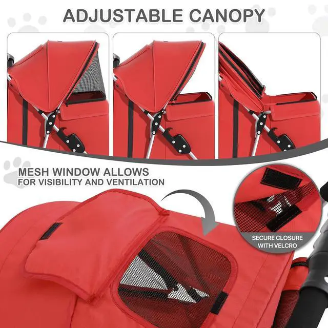 Alt view image 7 of 7 - 3 Wheels Pet Stroller, Foldable Puppy Cage Jogger Stroller with Weather Cover for All-Season, Storage Basket and Cup Holder, Breathable and Visible Mesh for Small/Medium Pets, Red