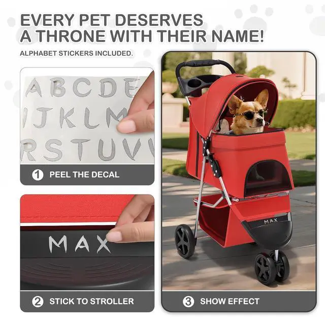 Alt view image 6 of 7 - 3 Wheels Pet Stroller, Foldable Puppy Cage Jogger Stroller with Weather Cover for All-Season, Storage Basket and Cup Holder, Breathable and Visible Mesh for Small/Medium Pets, Red
