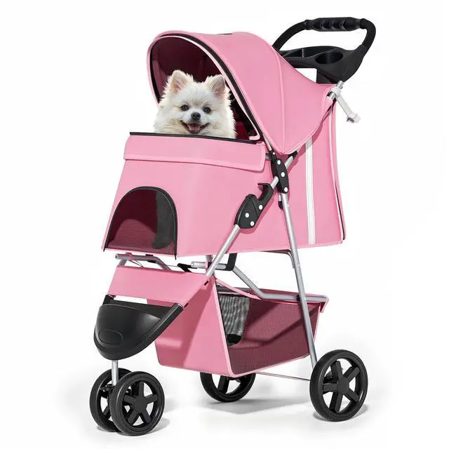 Main image of 3-Wheels Foldable Pet Stroller with Waterproof Cover, Pet Strolling Cart for Small/Medium Dogs and Cats with Storage Basket and Cup Holder, Breathable and Visible Mesh for All-Season, Pink