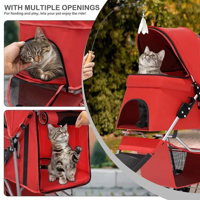 Alt view image 5 of 7 - 3 Wheels Pet Stroller, Foldable Puppy Cage Jogger Stroller with Weather Cover for All-Season, Storage Basket and Cup Holder, Breathable and Visible Mesh for Small/Medium Pets, Red