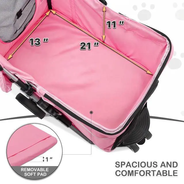 Alt view image 2 of 7 - 3-Wheels Foldable Pet Stroller with Waterproof Cover, Pet Strolling Cart for Small/Medium Dogs and Cats with Storage Basket and Cup Holder, Breathable and Visible Mesh for All-Season, Pink