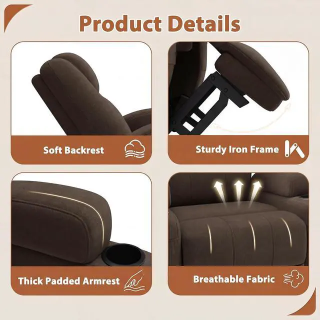 Alt view image 6 of 7 - Swivel Rocker Recliner Chair with Vibration Massage, 360° Swivel Recliner Chairs for Adults Ergonomic Lounge Chair with Cup Holders Lazy Boy Recliner Single Sofa Seat (Fabric, Brown)