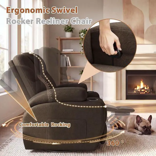 Alt view image 5 of 7 - Swivel Rocker Recliner Chair with Vibration Massage, 360° Swivel Recliner Chairs for Adults Ergonomic Lounge Chair with Cup Holders Lazy Boy Recliner Single Sofa Seat (Fabric, Brown)