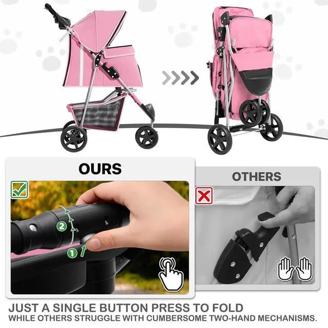 Alt view image 4 of 7 - 3-Wheels Foldable Pet Stroller with Waterproof Cover, Pet Strolling Cart for Small/Medium Dogs and Cats with Storage Basket and Cup Holder, Breathable and Visible Mesh for All-Season, Pink
