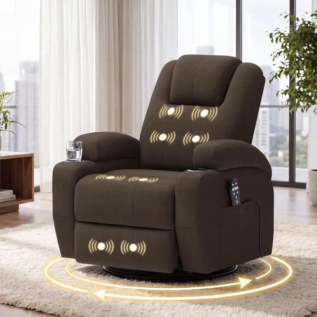Alt view image 7 of 7 - Swivel Rocker Recliner Chair with Vibration Massage, 360° Swivel Recliner Chairs for Adults Ergonomic Lounge Chair with Cup Holders Lazy Boy Recliner Single Sofa Seat (Fabric, Brown)