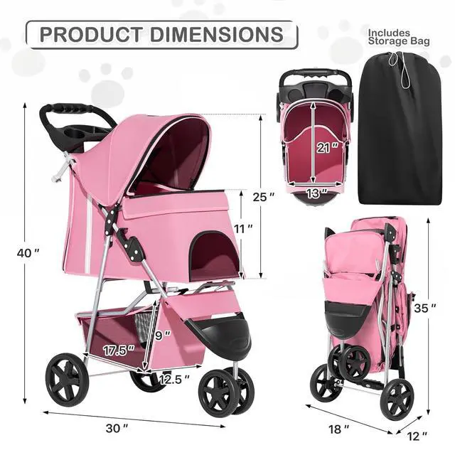 Alt view image 3 of 7 - 3-Wheels Foldable Pet Stroller with Waterproof Cover, Pet Strolling Cart for Small/Medium Dogs and Cats with Storage Basket and Cup Holder, Breathable and Visible Mesh for All-Season, Pink