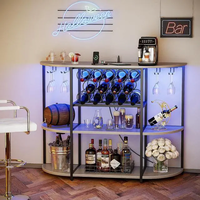 Alt view image 7 of 7 - Wine Bar Cabinet with LED Lights and Power Outlets, Freestanding Coffee Liquor Bar Cabinet with Glass Holder, Wine Rack Table for Home Kitchen Dining Room (White)