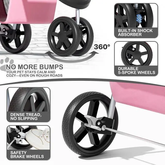 Alt view image 5 of 7 - 3-Wheels Foldable Pet Stroller with Waterproof Cover, Pet Strolling Cart for Small/Medium Dogs and Cats with Storage Basket and Cup Holder, Breathable and Visible Mesh for All-Season, Pink