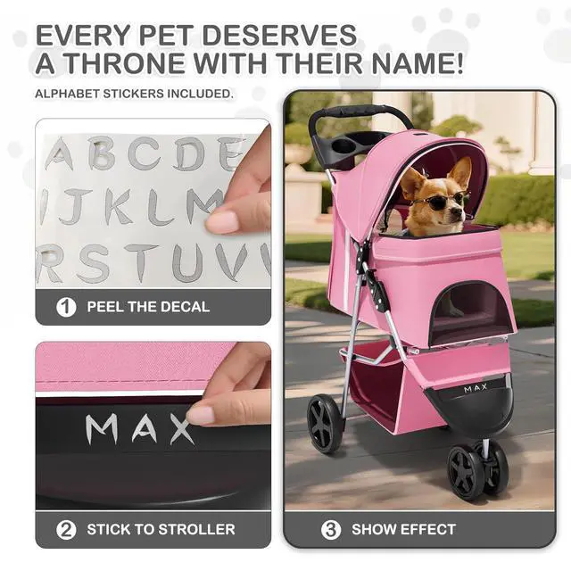 Alt view image 6 of 7 - 3-Wheels Foldable Pet Stroller with Waterproof Cover, Pet Strolling Cart for Small/Medium Dogs and Cats with Storage Basket and Cup Holder, Breathable and Visible Mesh for All-Season, Pink