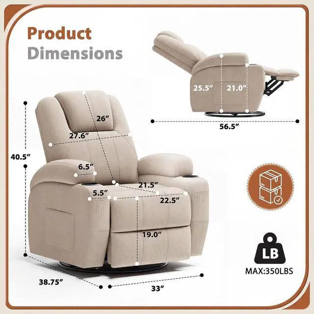 Alt view image 2 of 7 - Swivel Rocker Recliner Chair with Vibration Massage, 360° Swivel Recliner Chairs for Adults Ergonomic Lounge Chair with Cup Holders Lazy Boy Recliner Single Sofa Seat (Fabric, Khaki)