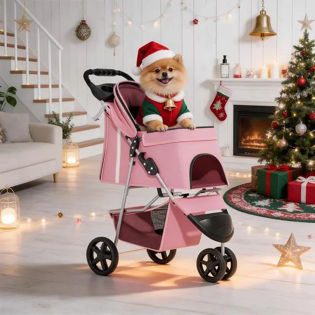 Alt view image 7 of 7 - 3-Wheels Foldable Pet Stroller with Waterproof Cover, Pet Strolling Cart for Small/Medium Dogs and Cats with Storage Basket and Cup Holder, Breathable and Visible Mesh for All-Season, Pink