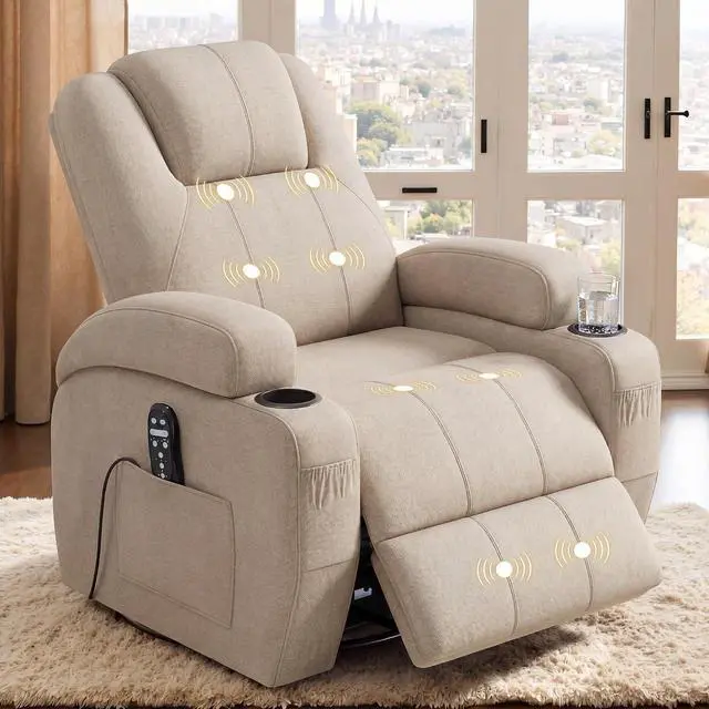 Main image of Swivel Rocker Recliner Chair with Vibration Massage, 360° Swivel Recliner Chairs for Adults Ergonomic Lounge Chair with Cup Holders Lazy Boy Recliner Single Sofa Seat (Fabric, Khaki)