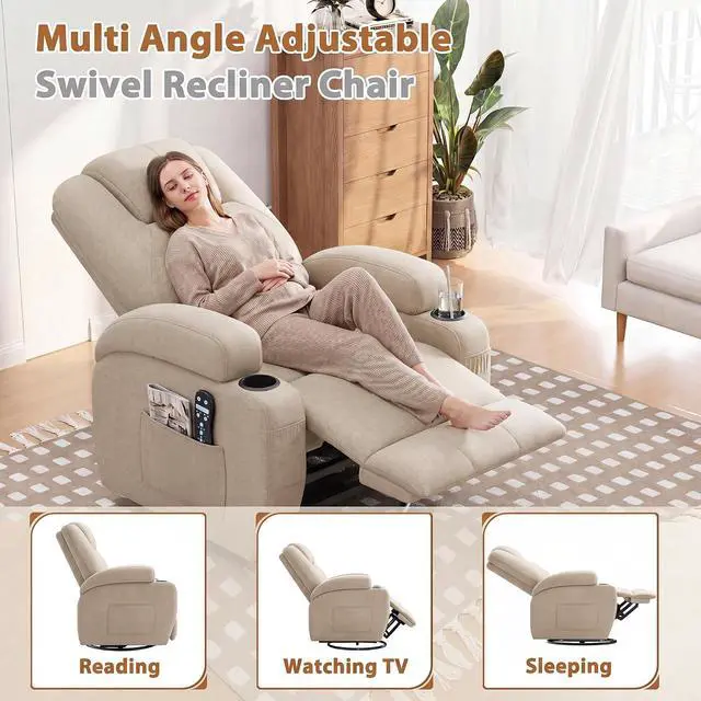 Alt view image 3 of 7 - Swivel Rocker Recliner Chair with Vibration Massage, 360° Swivel Recliner Chairs for Adults Ergonomic Lounge Chair with Cup Holders Lazy Boy Recliner Single Sofa Seat (Fabric, Khaki)