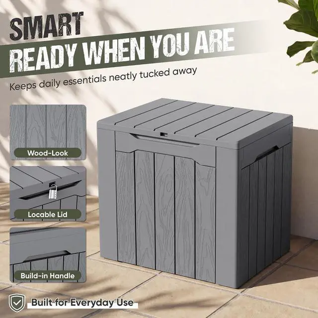 Alt view image 3 of 7 - Deck Box 30 Gallon, Waterproof Resin Small Storage Box with Lid, Outdoor Patio Furniture Cushion Garden Tool Organizer, Lockable Package Delivery Box for Porch Balcony (Gray)