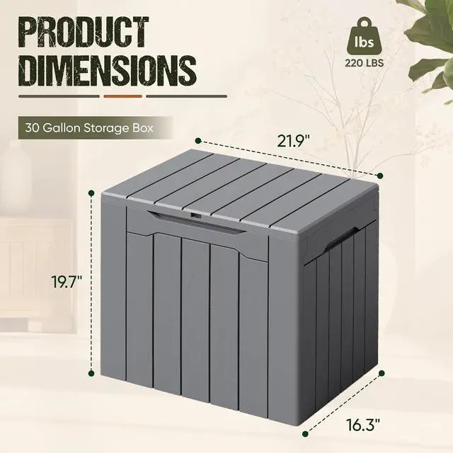 Alt view image 2 of 7 - Deck Box 30 Gallon, Waterproof Resin Small Storage Box with Lid, Outdoor Patio Furniture Cushion Garden Tool Organizer, Lockable Package Delivery Box for Porch Balcony (Gray)