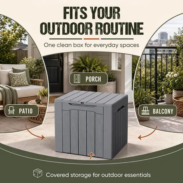Alt view image 4 of 7 - Deck Box 30 Gallon, Waterproof Resin Small Storage Box with Lid, Outdoor Patio Furniture Cushion Garden Tool Organizer, Lockable Package Delivery Box for Porch Balcony (Gray)