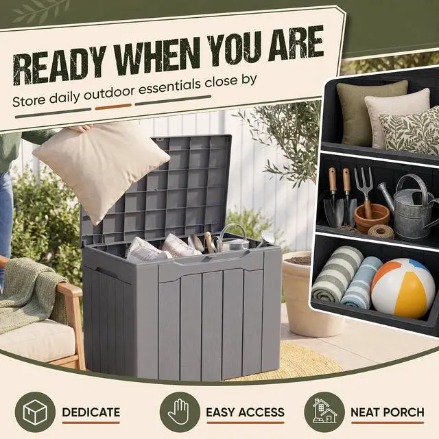 Alt view image 5 of 7 - Deck Box 30 Gallon, Waterproof Resin Small Storage Box with Lid, Outdoor Patio Furniture Cushion Garden Tool Organizer, Lockable Package Delivery Box for Porch Balcony (Gray)