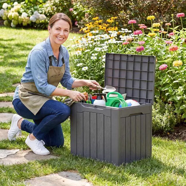 Alt view image 7 of 7 - Deck Box 30 Gallon, Waterproof Resin Small Storage Box with Lid, Outdoor Patio Furniture Cushion Garden Tool Organizer, Lockable Package Delivery Box for Porch Balcony (Gray)