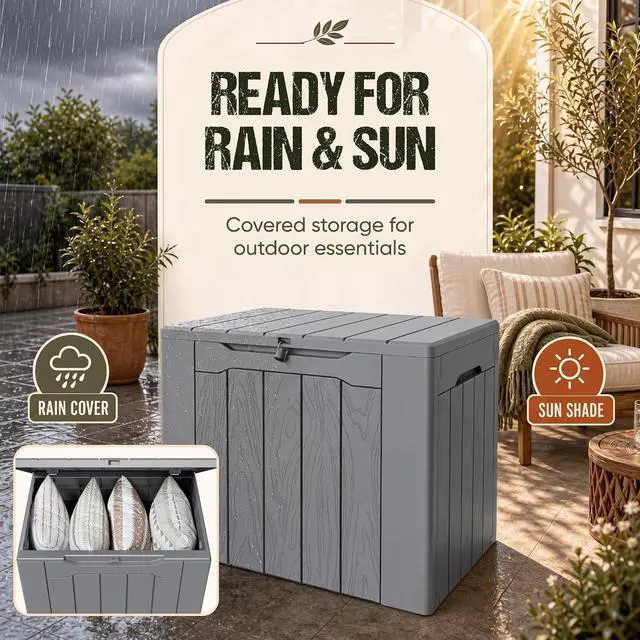 Alt view image 6 of 7 - Deck Box 30 Gallon, Waterproof Resin Small Storage Box with Lid, Outdoor Patio Furniture Cushion Garden Tool Organizer, Lockable Package Delivery Box for Porch Balcony (Gray)