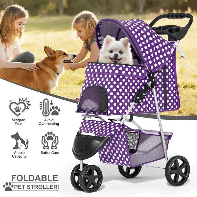 Alt view image 2 of 7 - 3 Wheels Pet Dog Cat Stroller for Small Medium Dogs Cats, Foldable Jogger Stroller w/Storage Basket and Cup Holder, Purple Polka Dots
