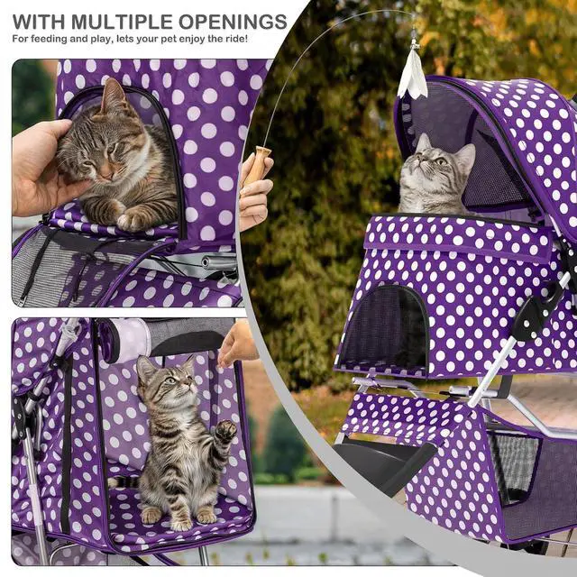 Alt view image 4 of 7 - 3 Wheels Pet Dog Cat Stroller for Small Medium Dogs Cats, Foldable Jogger Stroller w/Storage Basket and Cup Holder, Purple Polka Dots
