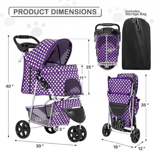 Alt view image 3 of 7 - 3 Wheels Pet Dog Cat Stroller for Small Medium Dogs Cats, Foldable Jogger Stroller w/Storage Basket and Cup Holder, Purple Polka Dots