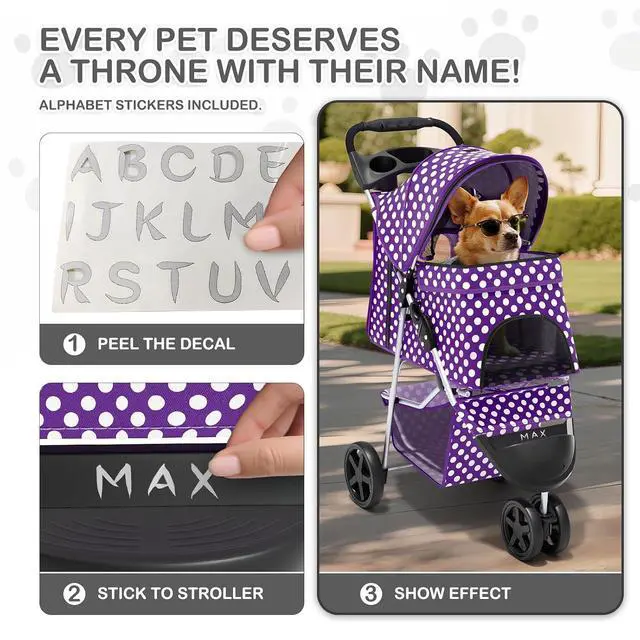 Alt view image 6 of 7 - 3 Wheels Pet Dog Cat Stroller for Small Medium Dogs Cats, Foldable Jogger Stroller w/Storage Basket and Cup Holder, Purple Polka Dots