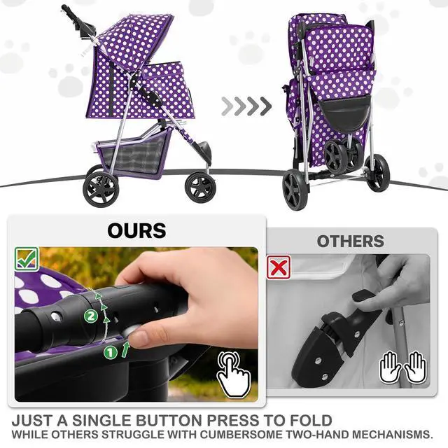 Alt view image 5 of 7 - 3 Wheels Pet Dog Cat Stroller for Small Medium Dogs Cats, Foldable Jogger Stroller w/Storage Basket and Cup Holder, Purple Polka Dots