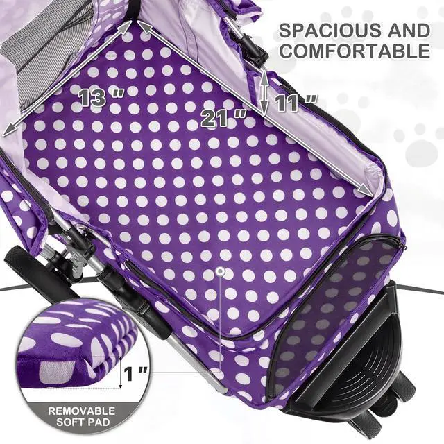 Alt view image 7 of 7 - 3 Wheels Pet Dog Cat Stroller for Small Medium Dogs Cats, Foldable Jogger Stroller w/Storage Basket and Cup Holder, Purple Polka Dots