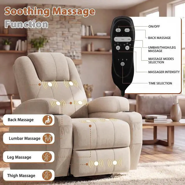 Alt view image 4 of 7 - Swivel Rocker Recliner Chair with Vibration Massage, 360° Swivel Recliner Chairs for Adults Ergonomic Lounge Chair with Cup Holders Lazy Boy Recliner Single Sofa Seat (Fabric, Khaki)