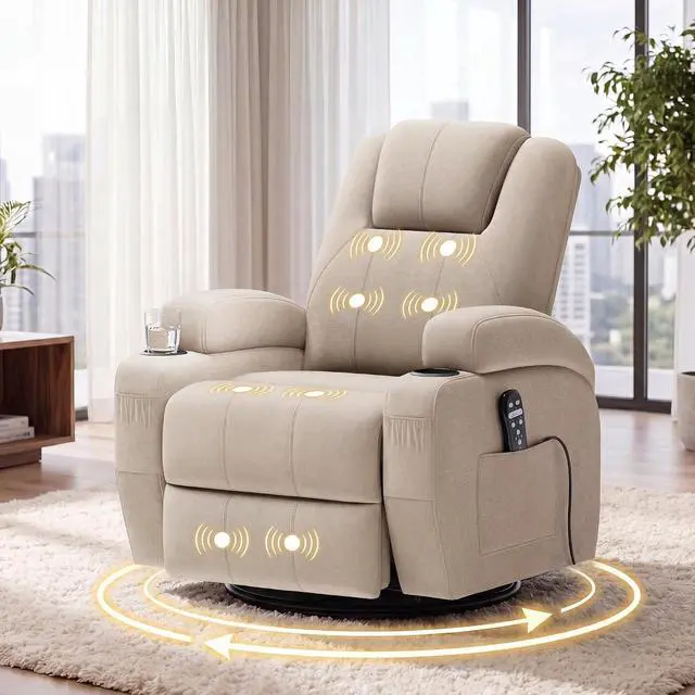 Alt view image 7 of 7 - Swivel Rocker Recliner Chair with Vibration Massage, 360° Swivel Recliner Chairs for Adults Ergonomic Lounge Chair with Cup Holders Lazy Boy Recliner Single Sofa Seat (Fabric, Khaki)