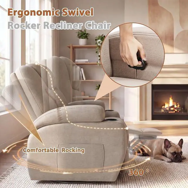 Alt view image 5 of 7 - Swivel Rocker Recliner Chair with Vibration Massage, 360° Swivel Recliner Chairs for Adults Ergonomic Lounge Chair with Cup Holders Lazy Boy Recliner Single Sofa Seat (Fabric, Khaki)